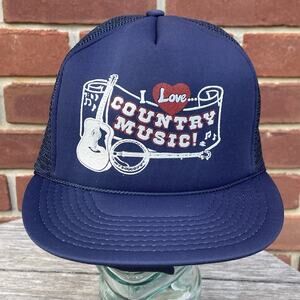 Vintage I Love Country Music Blue Trucker Hat Guitar Banjo Snapback Cap Mesh